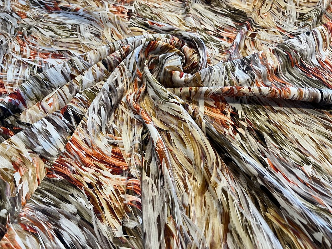 Brown & Orange Brushstrokes 95% Silk 5% ElastaneCrepe de Chine     1/4 Metre Price