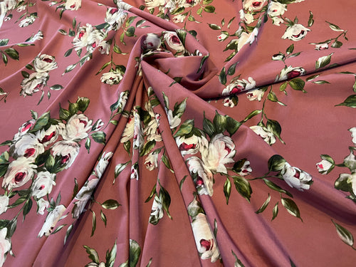 Dusty Rose Peonies  95% Silk 5% ElastaneCrepe de Chine     1/4 Metre Price