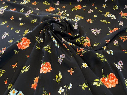 Italian Florals on Black  95% Silk 5% ElastaneCrepe de Chine     1/4 Metre Price