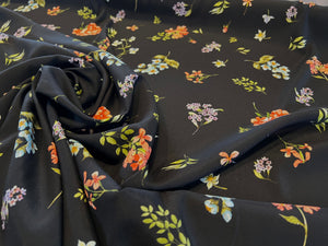 Italian Florals on Black  95% Silk 5% ElastaneCrepe de Chine     1/4 Metre Price