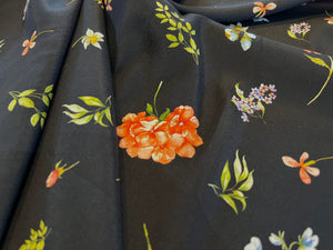 Italian Florals on Black  95% Silk 5% ElastaneCrepe de Chine     1/4 Metre Price