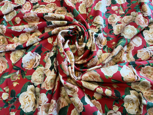 #1105 Roses on Red 100% Silk Digital Print Remnant