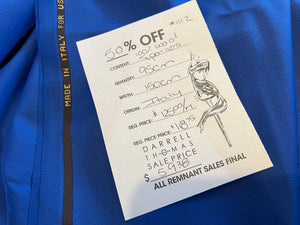 #1112  Bright Royal 100% Wool Gabardine Remnant  Super 110's