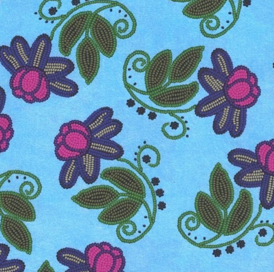 Turquoise Beaded Floral Indigenous Print.   100% Cotton.  1/4 Metre Price