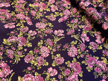 Load image into Gallery viewer, Royal Purple &amp; Lavender Floral Blossoms 95% Silk 5% Elastane.  1/4 Metre Price