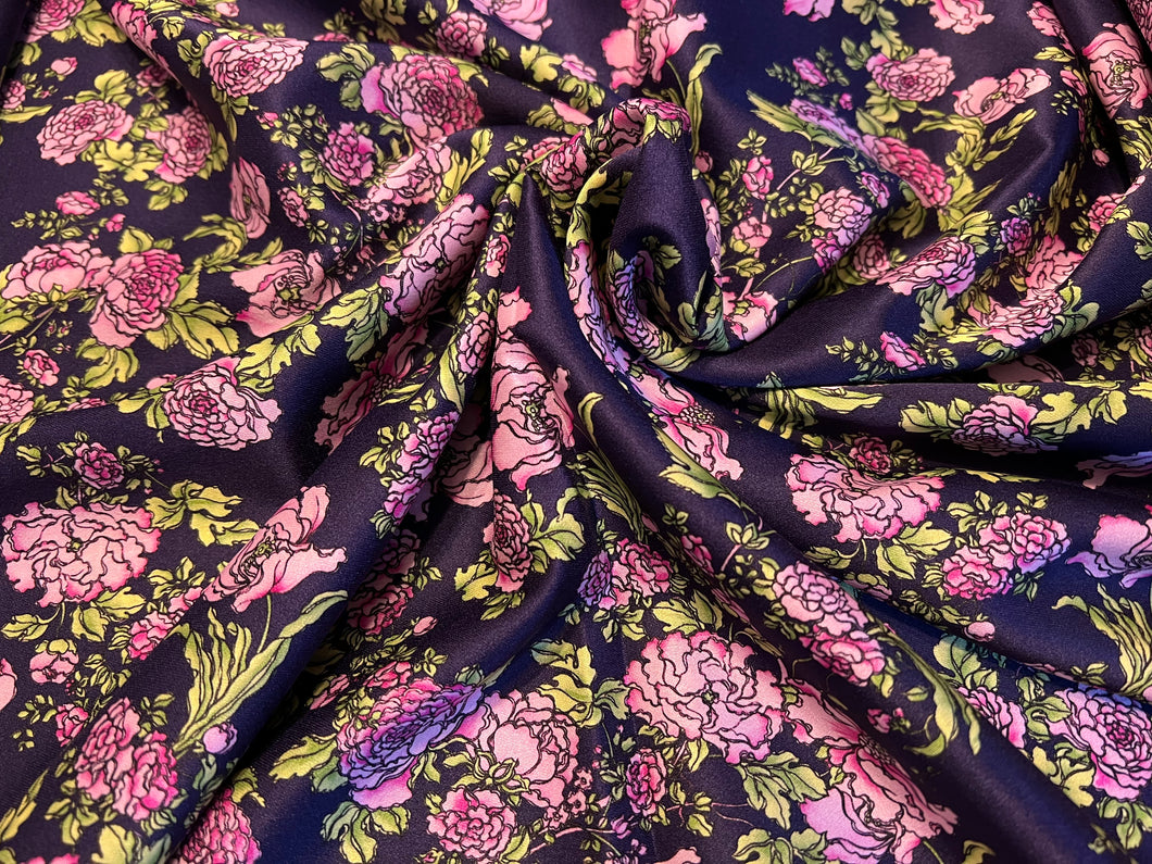 Royal Purple & Lavender Floral Blossoms 95% Silk 5% Elastane.  1/4 Metre Price