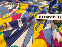Load image into Gallery viewer, Designer Blue &amp; Yellow Abstract 100% Viscose Knit.   1/4 Metre Price