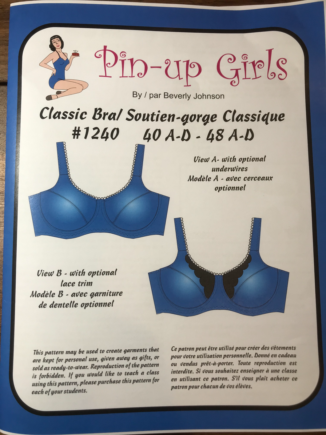 Blue Pin-up Girls Classic Bra Pattern  40 A-D - 48 A-D.   SALE PRICE