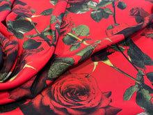 Load image into Gallery viewer, Designer Red Roses on Lightweight Silk Crepe.   1/4 Metre Price
