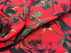 Designer Red Roses on Lightweight Silk Crepe.   1/4 Metre Price