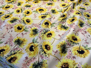 Yellow Sunflowers on Pink 100% Silk Twill.  1/4 Metre Price