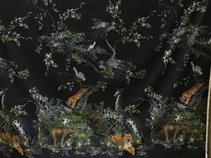 Designer Jungle Print on Black 53% Silk 40% Cotton 7% Elastane.    Panel Price