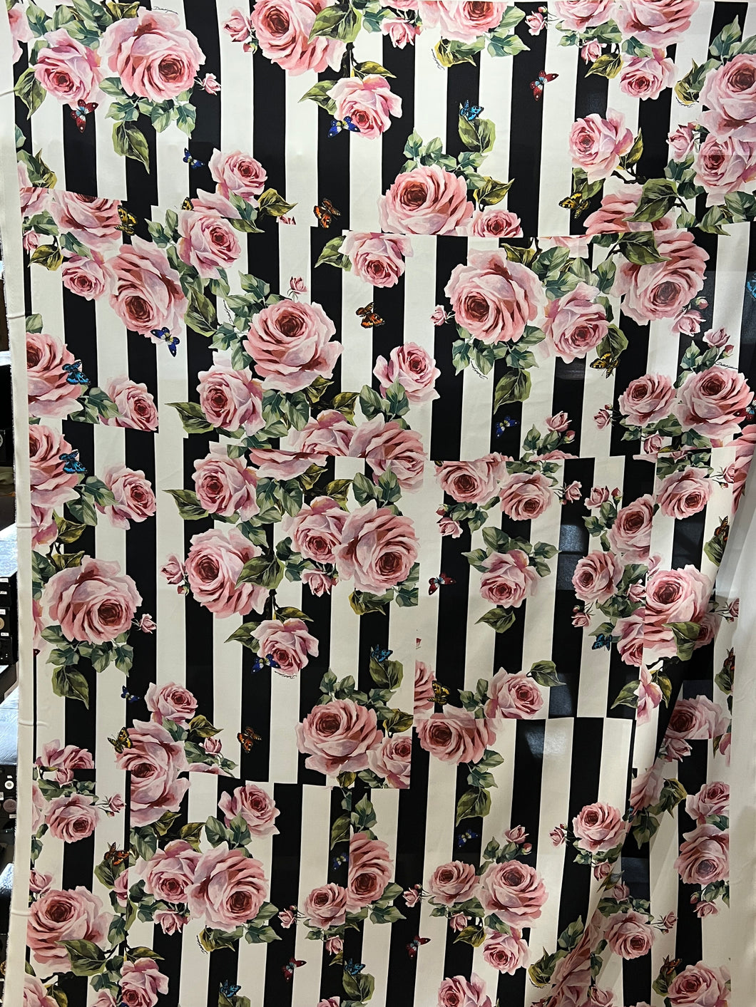 Designer Stripes & Roses 98% Silk 2% Spandex Panel.  Panel Price