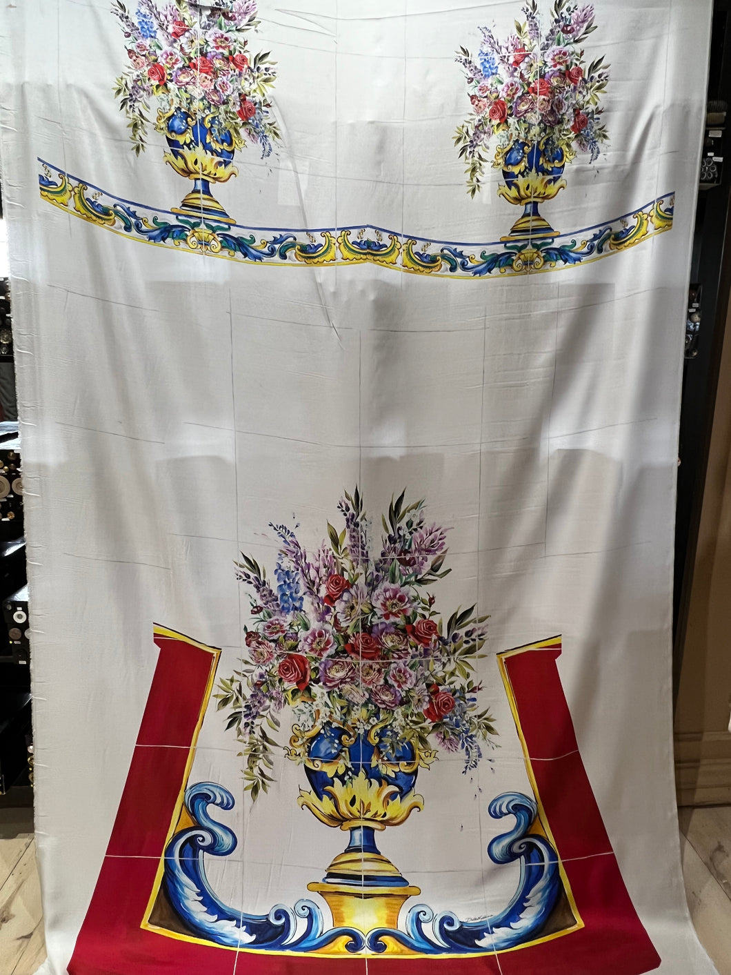 Designer Majolica Floral Vase 100% Silk Twill Panel.  Panel Price