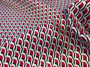 Designer Fuchsia & Navy Geometric 100% Silk Twill.    1/4 Metre Price