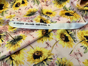 Yellow Sunflowers on Pink 100% Silk Twill.  1/4 Metre Price