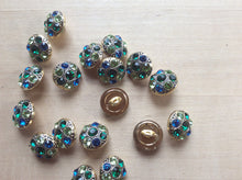 Load image into Gallery viewer, Blue &amp; Green Rhinestone 1/2&quot; Button.   Price per Button