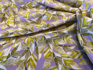 Abstract leaves in Lavender & Green 100% Silk Crepe de Chine   1/4 Metre Price