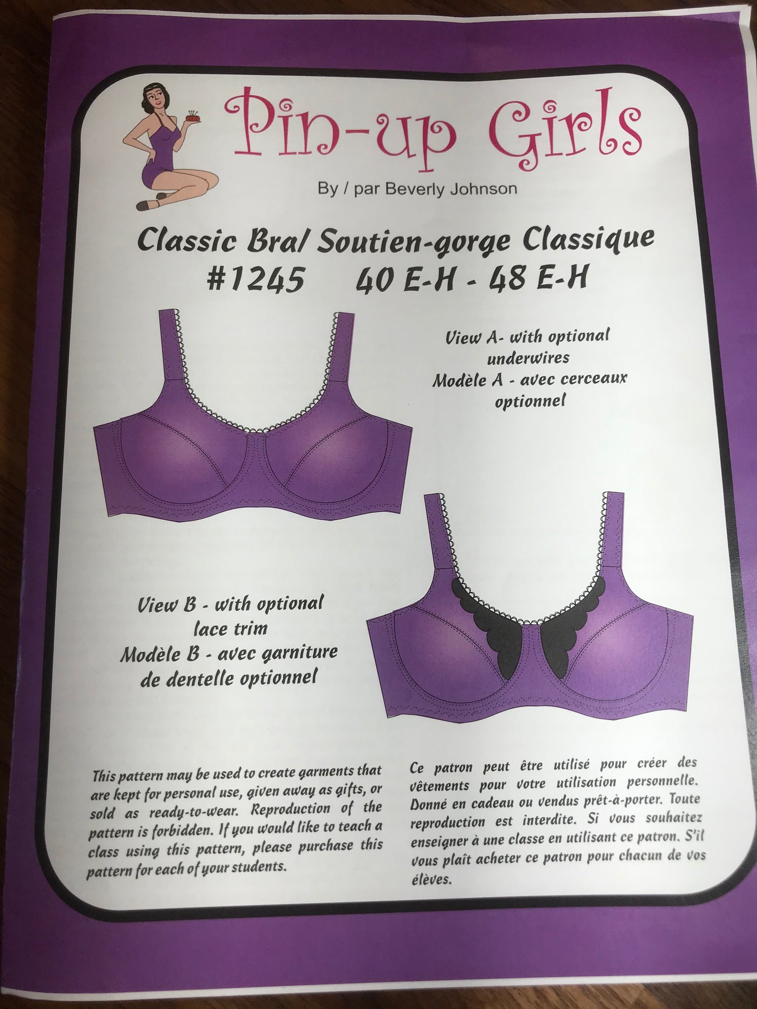 Purple Pin-up Girls Classic Bra Pattern 40 E-H - 48 E-H. SALE