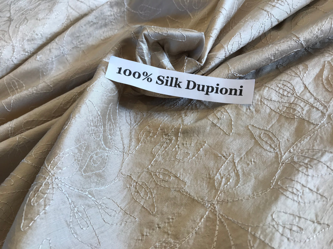 Sand Leaf Embroidered Dupioni 100% Silk.     1/4 Metre Price