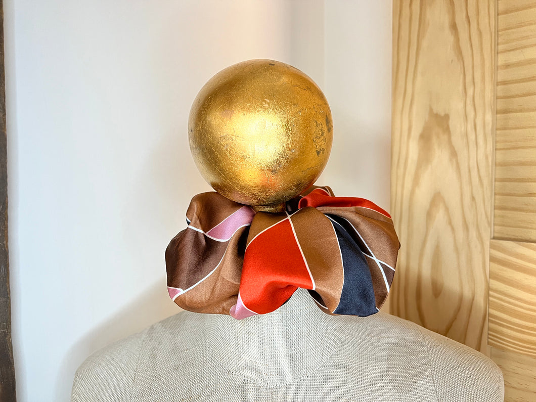 Designer Large Brown & Orange Abstract 100% Silk  Scrunchie