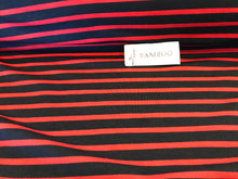 Load image into Gallery viewer, Navy &amp; Red Striped Knit two way stretch 67% Bamboo Rayon 28% Cotton 5% Spandex 1/4 Metre Price
