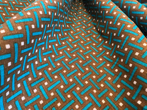 Turquoise & Loden Geometric 100% Linen     1/4 Metre Price