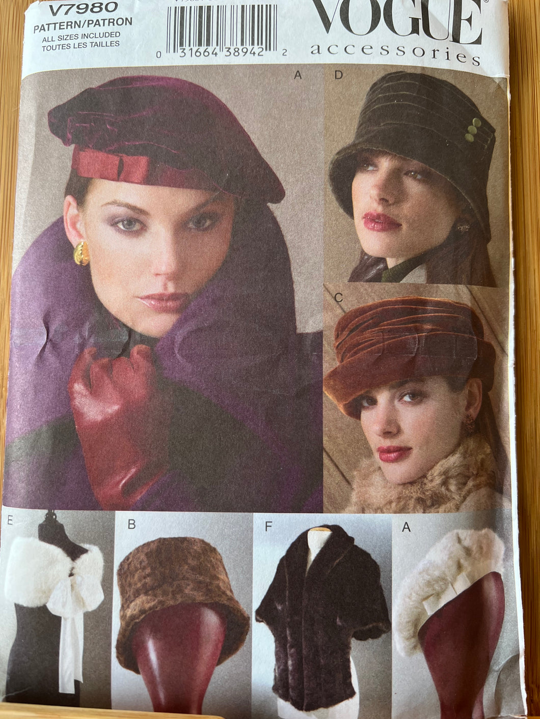 Vogue 7980 Lined Hats and Lined Wraps, Size S M L,