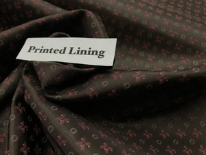 Brown & Pink Repeated Print 100% Viscose Lining.   1/4 Meter Price
