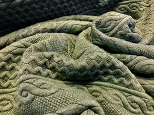 Grey/Olive Green Textured Faux Cable knit 93% Polyester 5% Rayon 2% Spandex.    1/4 Meter Price