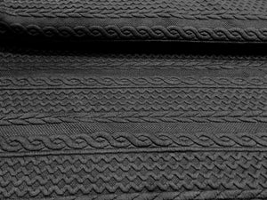Black Textured Faux Cable knit 93% Polyester 5% Rayon 2% Spandex.    1/4 Meter Price