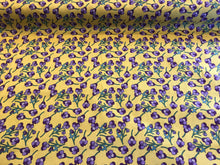 Load image into Gallery viewer, Violet Pansies on Mustard 100% Cotton.    1/4 Metre Price