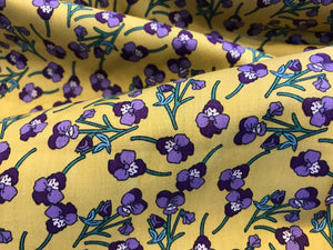Violet Pansies on Mustard 100% Cotton.    1/4 Metre Price