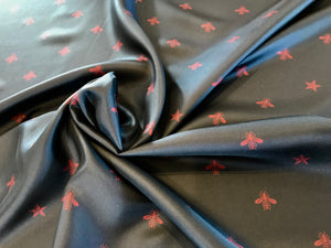 Designer Navy & Red Bees & Stars 100% Silk Twill Panel.   Price per Panel