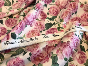 Italian Rose Garden Pink & Off White 100% Silk.   1/4 Metre Price