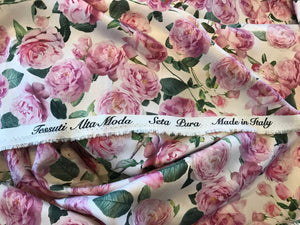 Italian Rose Garden Pink & Off White 100% Silk.   1/4 Metre Price