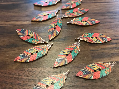 Multi Coloured Wood Feather Button.    Price per Button