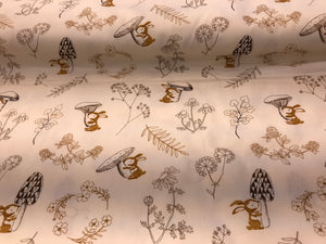 Bunnies & Mushrooms 100% Cotton.   1/4 Metre Price