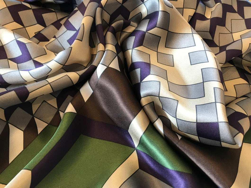Grey Purple & Tan Geometric 100% Silk Charmeuse.   1/4 Metre Price