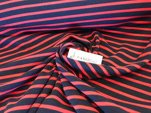 Navy & Red Striped Knit two way stretch 67% Bamboo Rayon 28% Cotton 5% Spandex 1/4 Metre Price