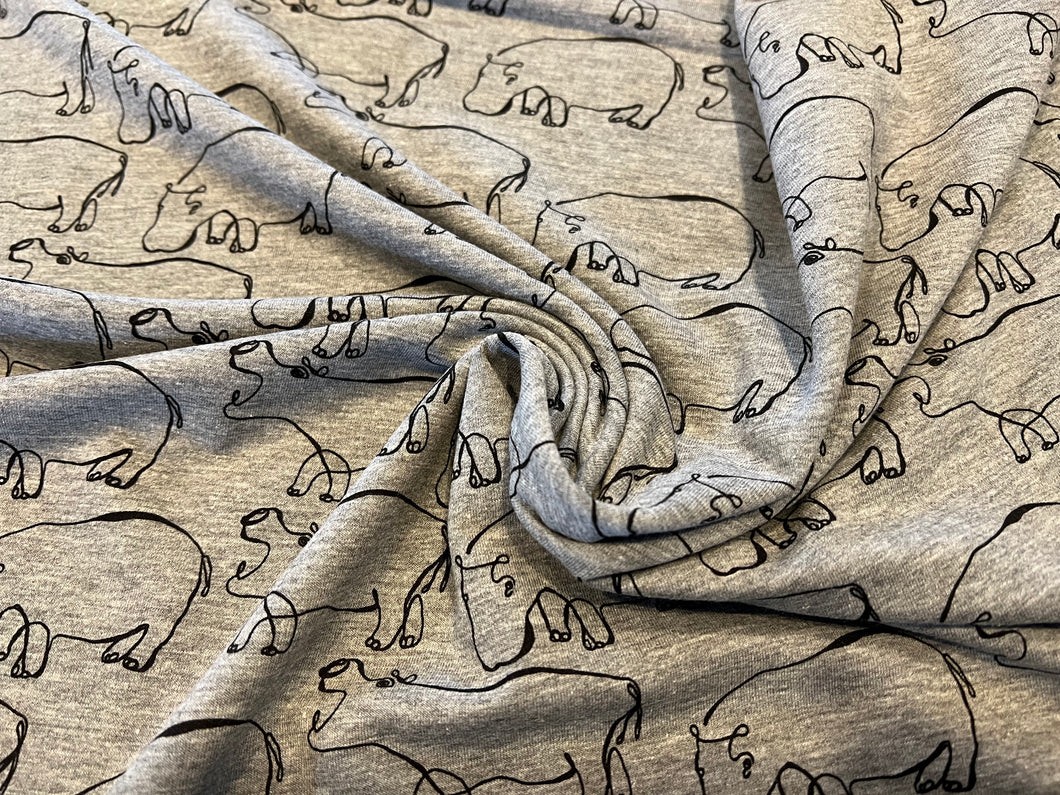 Grey Melange Hippo Print 50% Cotton 45% Polyester.     1/4 Metre Price