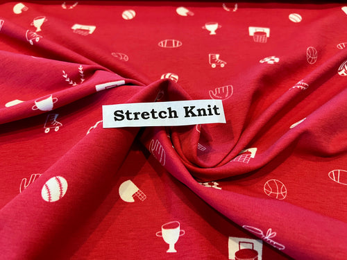 Red Sport Theme 95% Cotton 5% Elastane Knit Glow in the Dark.   1/4 Metre Price