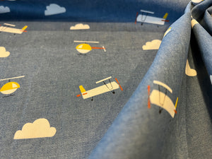 Airplane Print on Lightweight 100% Cotton Denim.      1/4 Metre Price
