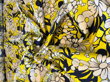 Load image into Gallery viewer, Yellow &amp; Navy Floral Garden 100% Silk Twill.   1/4 Metre Price