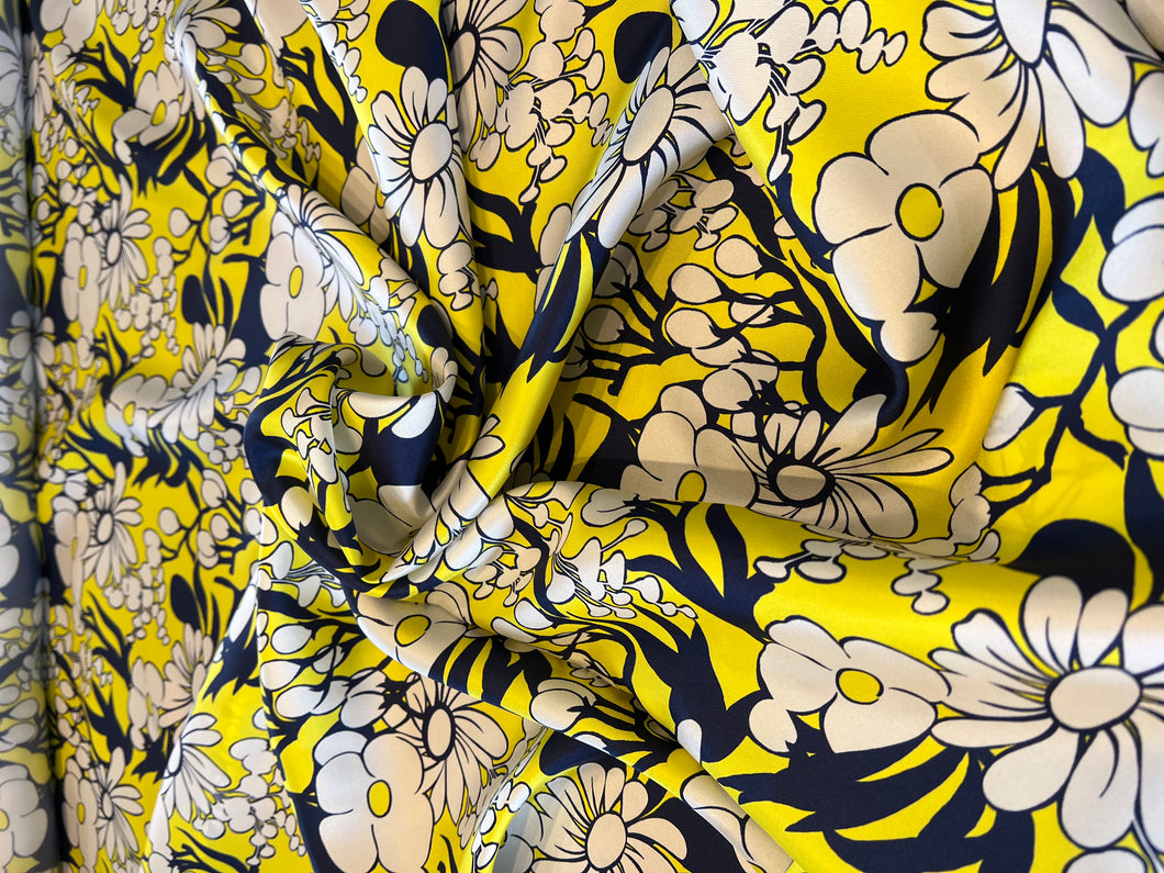 Yellow & Navy Floral Garden 100% Silk Twill.   1/4 Metre Price