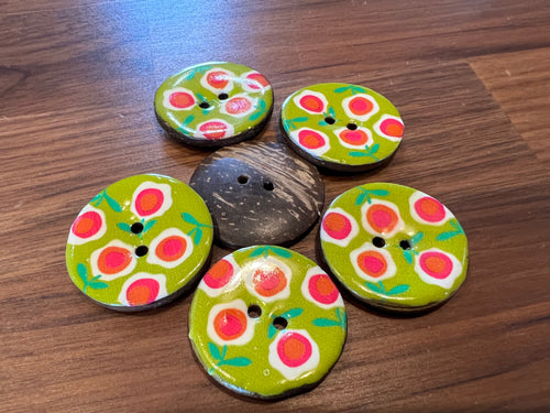 Pink Flowers on Green 100% Coconut Shell Button.  Price per Button