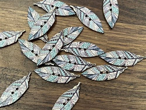 Blue & Tan Wood Feather Button.    Price per Button
