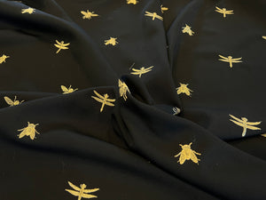 Exclusive Designer 100% Wool Flannel/Gabardine Gold Embroidered Insects.   1/4 Metre Price
