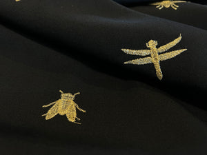 Exclusive Designer 100% Wool Flannel/Gabardine Gold Embroidered Insects.   1/4 Metre Price