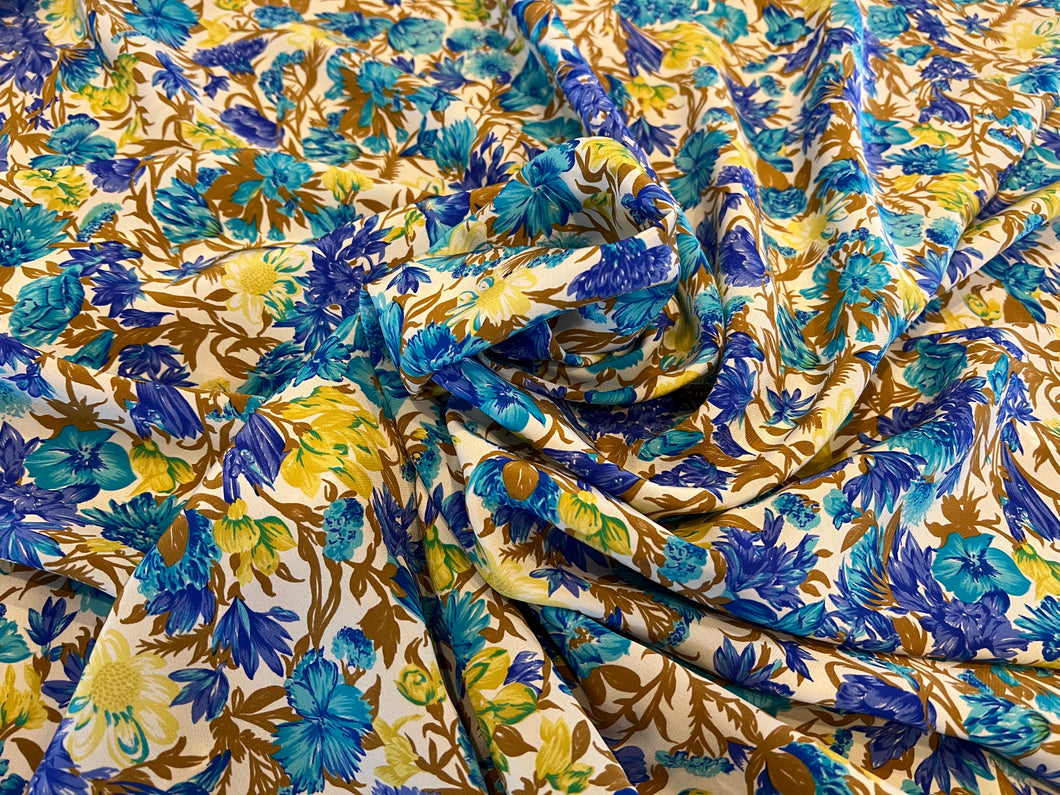 Royal Blue & Turquoise Floral  100% Silk Crepe de Chine  1/4 Metre Price